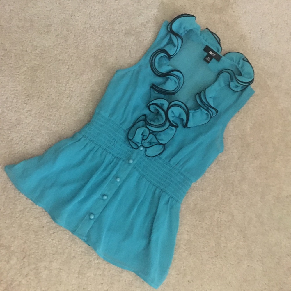 BCX Turquoise Ruffle Button Down Top